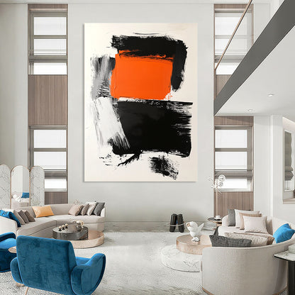 Contemporary abstract art features a striking orange square atop a bold black rectangle on a clean white background with dynamic brush strokes. DLZ1559