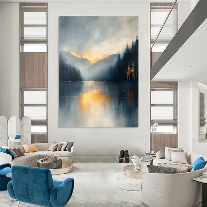Contemporary abstract painting featuring a misty light blue and gray sky with gold leaf accents and visible brush strokes for an atmospheric effect. DLZ0514