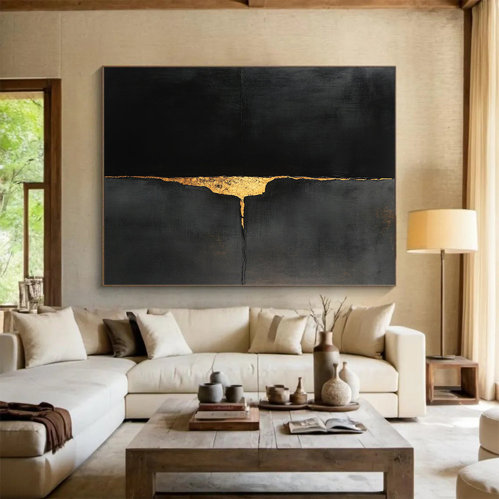Black, Gold, Cracked Surface "Golden Fissure" Abstract Expressionist Painting On Canvas HB115