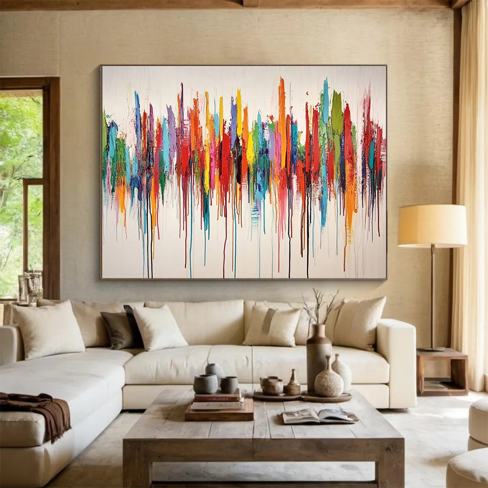 “Colorful Dripping Melody” - Rainbow hues; Vertical colorful drips on a white background; Drip - style Acrylic Painting On Canvas HB1197