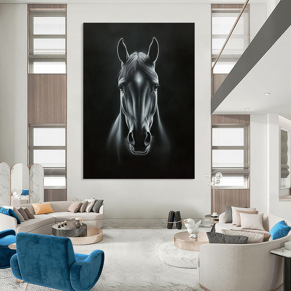 Contemporary handcrafted painting featuring a horse's head in black and white with dramatic chiaroscuro effects and deep shadows on a dark background. DLZ1443