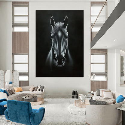 Contemporary handcrafted painting featuring a horse's head in black and white with dramatic chiaroscuro effects and deep shadows on a dark background. DLZ1443