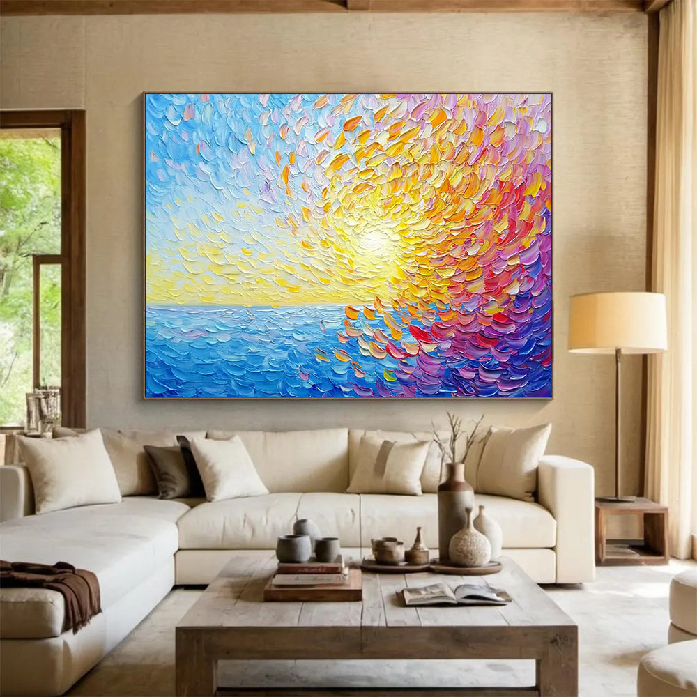 “Textured Sunset Sea” - Colorful, Textured, Sea, Sunset Painting On Canvas HB0750