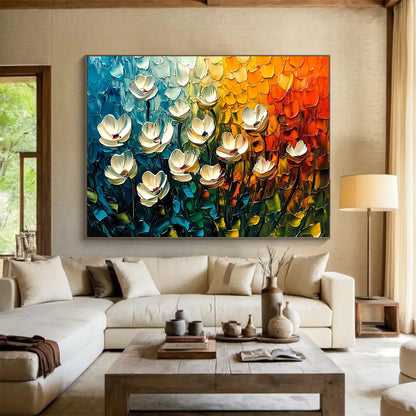 Textured White Flowers in Colorful Background – Impasto Abstract Acrylic Floral Painting HB1474