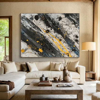 Black, White, Gray and Gold Splatter "Gilded Chaos" Painting On Canvas HB305