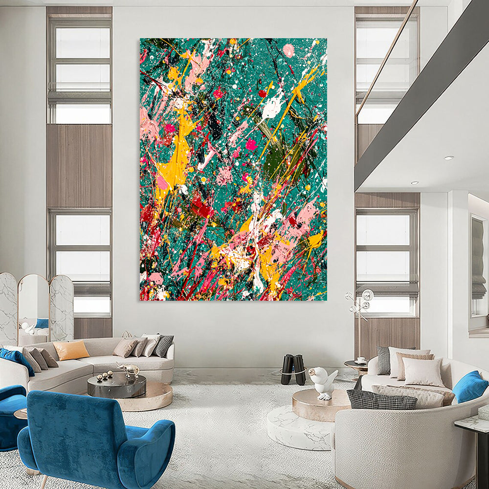 Vibrant contemporary abstract painting featuring splattered paint and glitter on a teal canvas with jungle-green background symbolizing creativity in chaos. DLZ1177