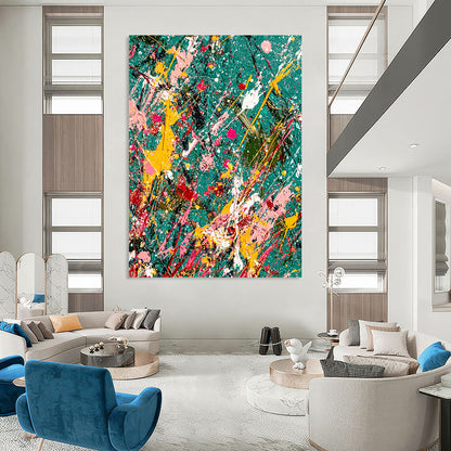 Vibrant contemporary abstract painting featuring splattered paint and glitter on a teal canvas with jungle-green background symbolizing creativity in chaos. DLZ1177
