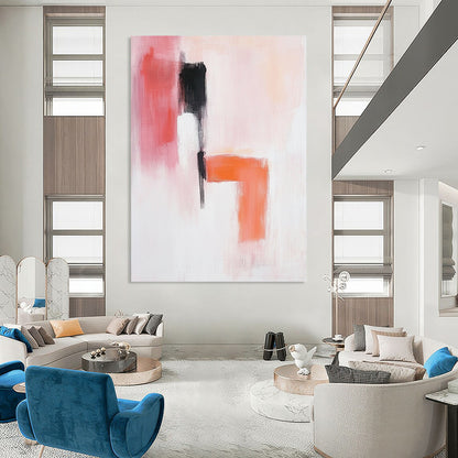 Contemporary abstract painting in soft pink orange and white with a serene figure black shoes and textured elements creating a minimalistic calm composition. DLZ0918