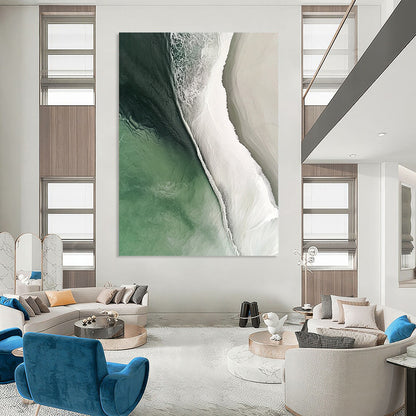 Contemporary hand-painted abstract artwork featuring a stunning beach scene with flowing water in white and green colors, capturing cinematic details and natural lighting. DLZ0840