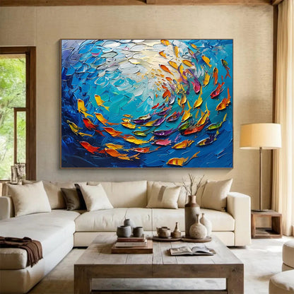 Textured Ocean Fish School - Coastal Living Room or Bathroom Art DLZ199