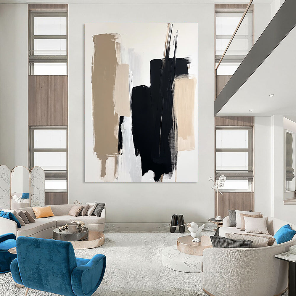 Contemporary abstract painting with minimalist composition showcasing black and beige brushstrokes on a white background featuring a blurred figure in soft lighting. DLZ0713