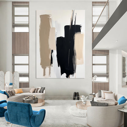 Contemporary abstract painting with minimalist composition showcasing black and beige brushstrokes on a white background featuring a blurred figure in soft lighting. DLZ0713