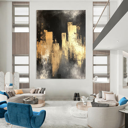 Contemporary hand-painted abstract art featuring a black silhouette of city lights with gold and silver hues on a distressed dark grey background. DLZ0901