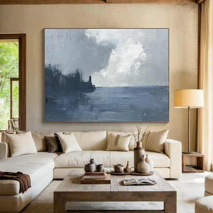 “Coastal Mist” - Muted grays, whites, deep blues; Stormy sky, sea, dark coastline; Atmospheric Seascape Painting On Canvas HB1148