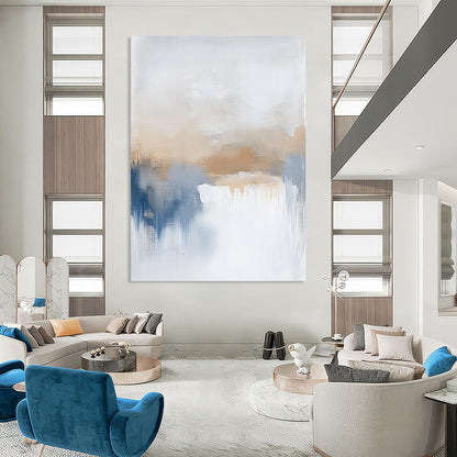 Contemporary large hand-painted abstract art featuring soothing beige and blue tones, evoking calming vibes of a serene sea horizon. DLZ0404