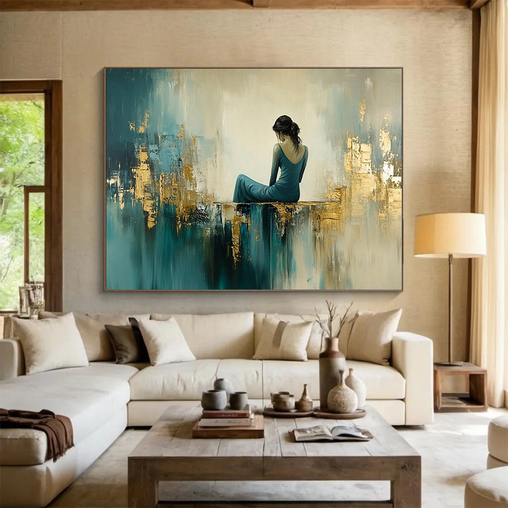 “Elegant Figure in Teal - Gold Abstract Space” - Teal, Gold, Figure, Abstract Figurative Painting On Canvas HB1106