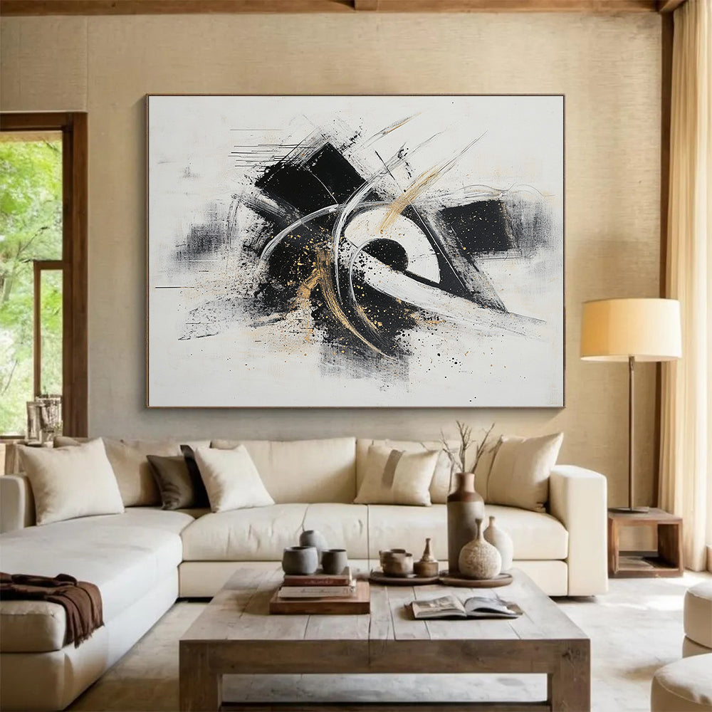 Black, White, Gray, Gold, Dynamic Swirls "Gilded Motion" Abstract Expressionist Painting On Canvas HB071