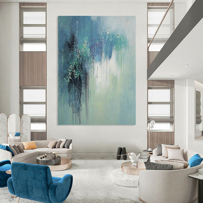 Large contemporary hand-painted abstract artwork featuring gentle hues of green and blue with elegant willow reflections and a serene, dreamy atmosphere. DLZ1179