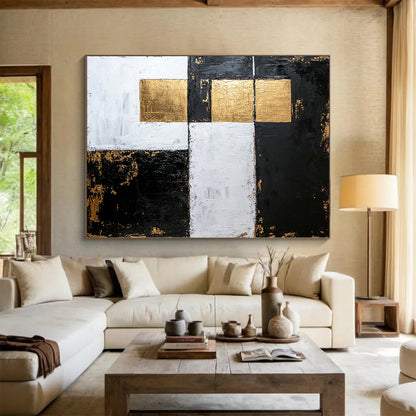 Black, White, Gold, Patchwork Squares "Gilded Fragmented Squares" Abstract Modernist Painting On Canvas HB158