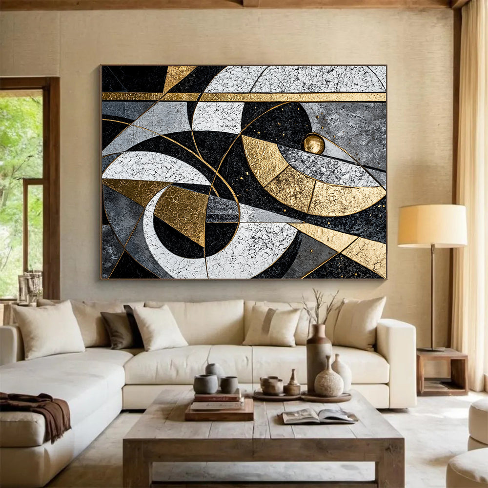 Black, White, Gray, Gold, Interlocking Arcs "Celestial Puzzle" Abstract Cosmic - Inspired Painting On Canvas HB075