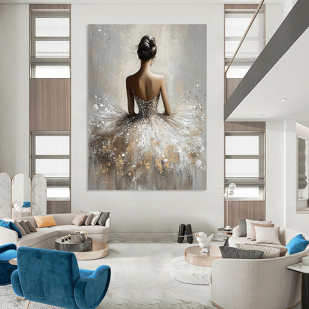 Contemporary abstract painting featuring a graceful ballerina in a shimmering dress with a soft grey background and ethereal romantic lighting. DLZ1663