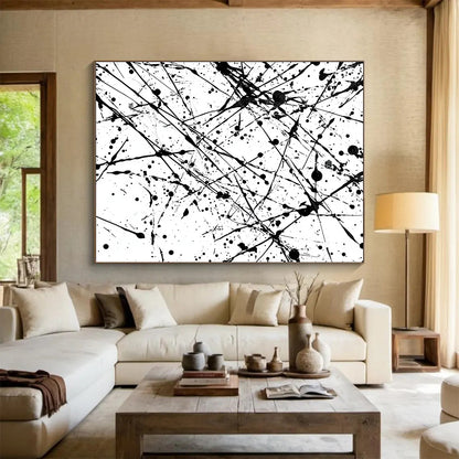 Black and White Splattered Lines "Chaotic Energy" Painting On Canvas HB251