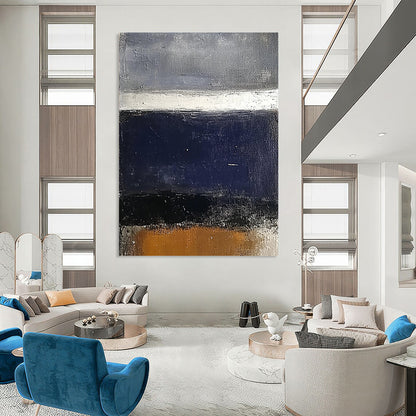 Contemporary hand-painted abstract art featuring a dark blue sea and grey sky with white and brown accents on a textured surface. DLZ0452