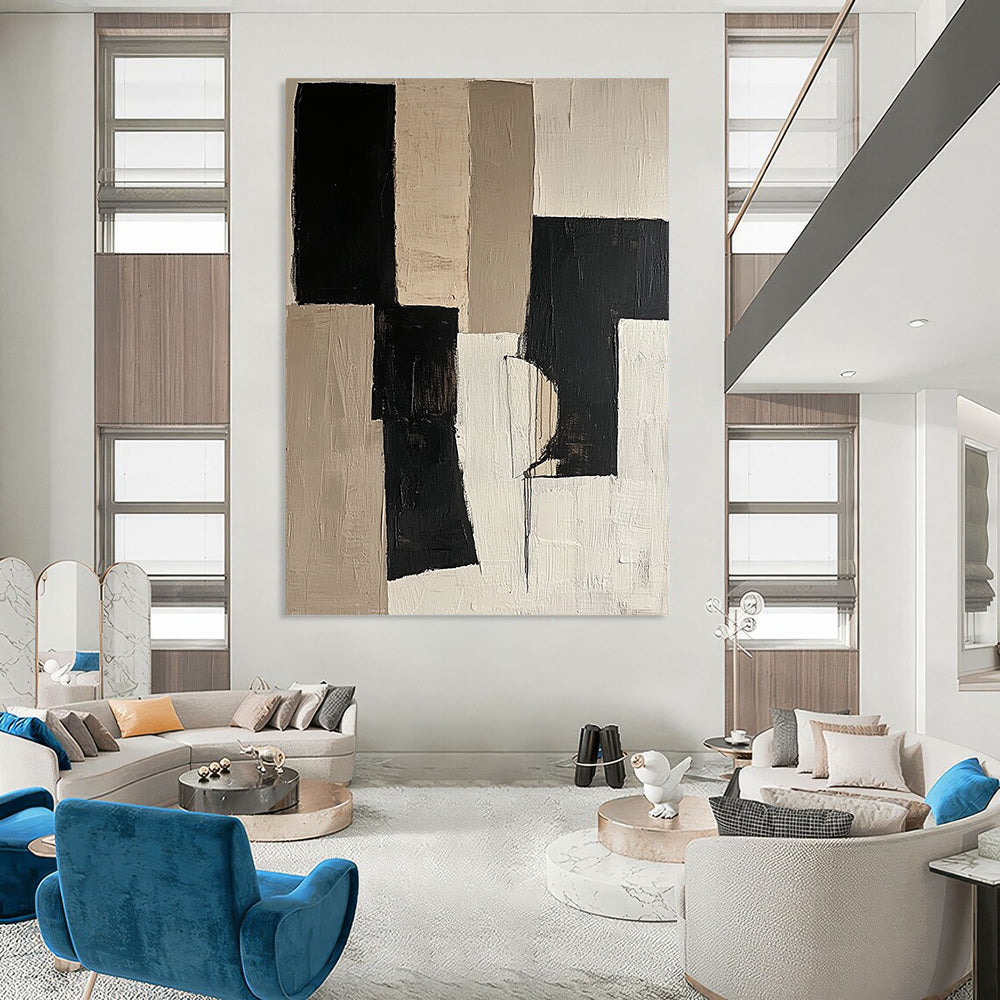 Contemporary abstract artwork featuring black and beige color blocks on a white background with organic shapes in mixed media and fragmented canvas. DLZ0688