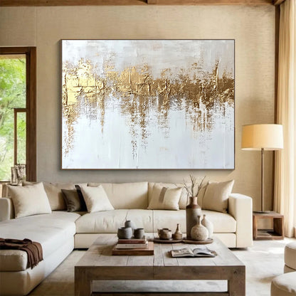 “Gold - Textured White Abstract” - White, Gold, Textured Abstract Layers Painting On Canvas HB0884