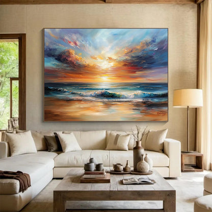 Golden - Hued Sea Sunset with Vibrant Skies - Impasto Seaside Painting On Canvas HB0444