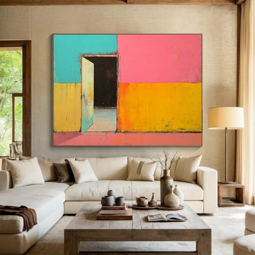 “Colorful Doorway” - A doorway in a brightly colored wall, Abstract Architectural Painting On Canvas HB0553
