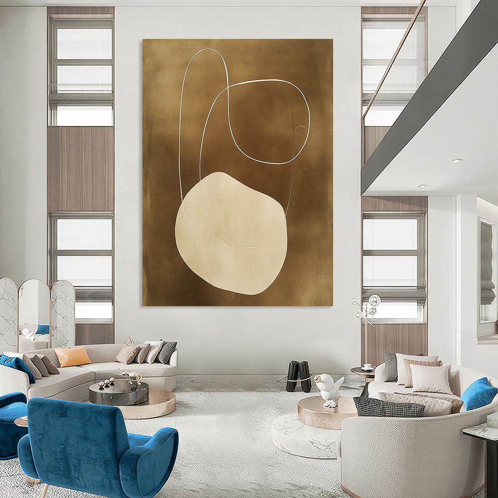Contemporary hand-painted abstract artwork features organic shapes and connecting lines in earthy tones on a dark beige background, showcasing elegant simplicity. DLZ0861