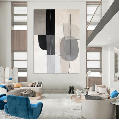 Contemporary hand-painted abstract artwork featuring gray, white, and black shapes that embody the elegance and simplicity of Japandi style. DLZ1050