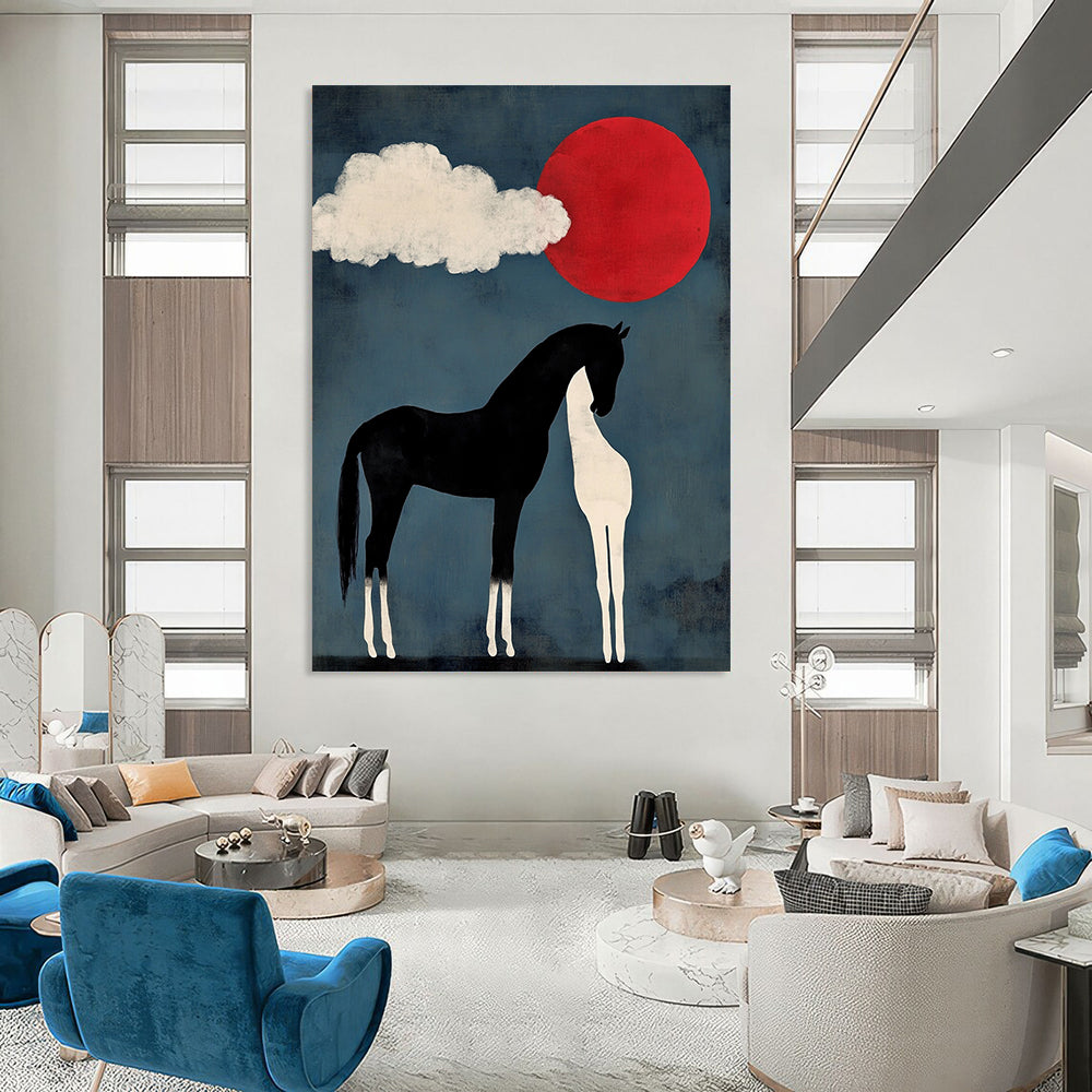 Contemporary abstract art featuring a black horse with white legs and tail beside a cloud shaped like two heads with a red sun setting in a blue sky. DLZ1147