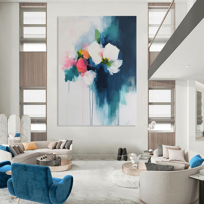 Contemporary abstract art featuring thick brush strokes of dark teal and light pink on a white background, evoking a soft and atmospheric floral theme. DLZ0621