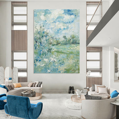 Contemporary hand-painted abstract art featuring soft clouds over serene trees and grass with a calming color palette of blue green and beige. DLZ1473