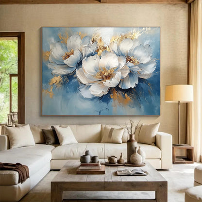 “Blue - Gold Peonies” - Blue, White, Gold with Peony Blooms - Impasto Oil Painting HB1346