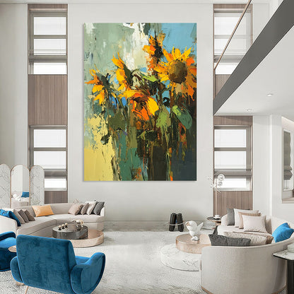 Vibrant contemporary abstract painting capturing sunflowers in a striking palette, showcasing bold brushstrokes and dynamic texture. DLZ0645