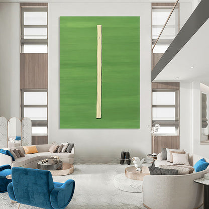 Contemporary abstract artwork featuring a vertical wooden stick against a vibrant green background in a style reminiscent of David Hockney. DLZ1301