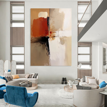 Contemporary abstract painting features a neutral color palette with beige, white, brown, and soft brush strokes for a warm artistic expression. DLZ0532