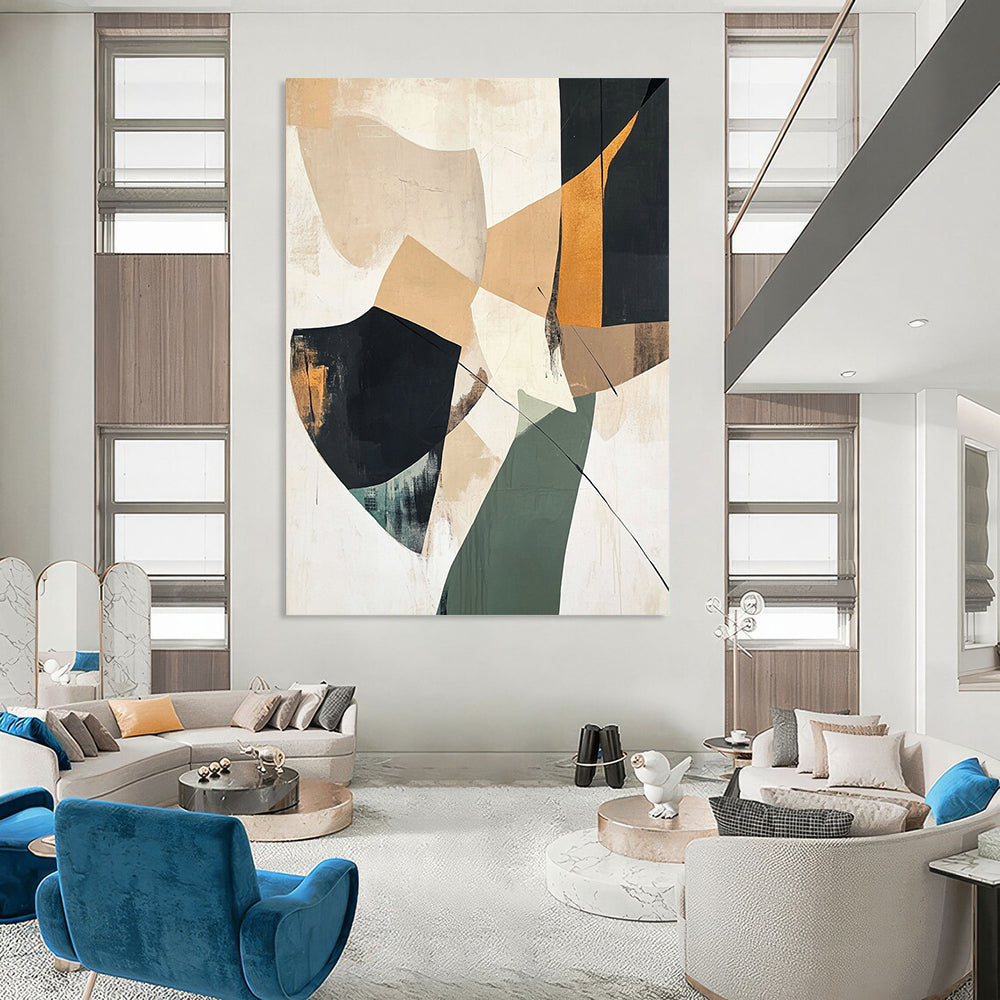 Large contemporary abstract painting featuring beige black and green shapes on a white background with minimalistic collage-like elements and soft atmospheric effects. DLZ1039
