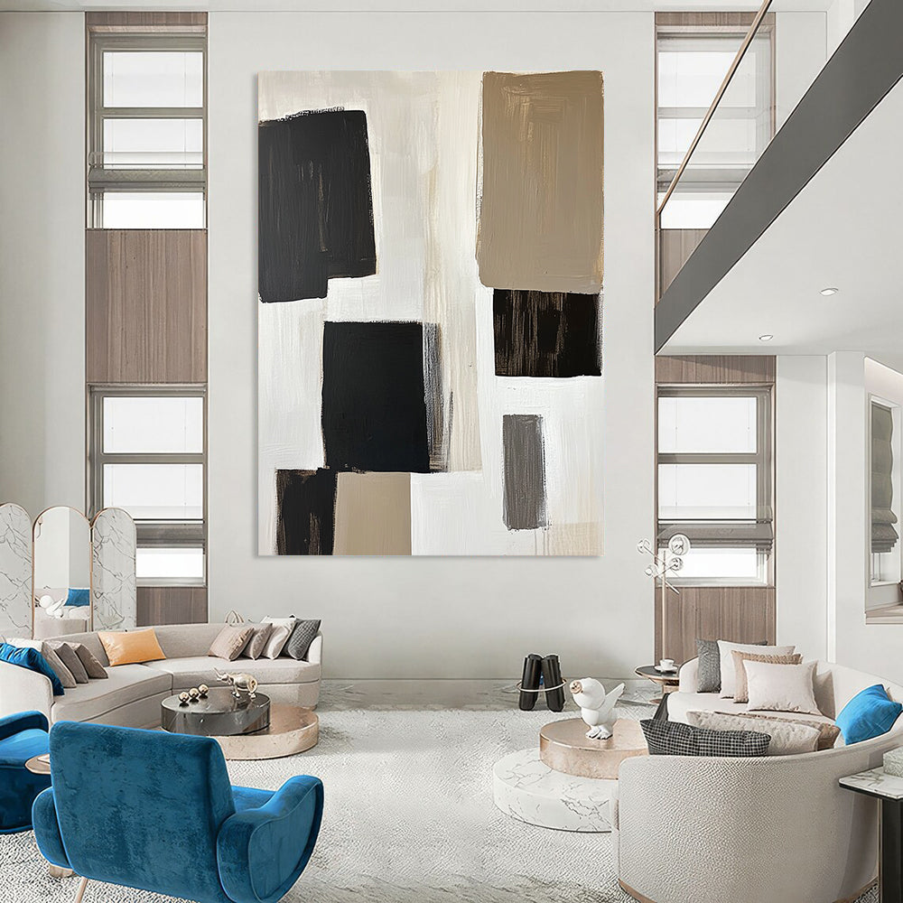 Contemporary abstract artwork featuring large white blocks and stylish black squares, minimalist design with neutral tones for an elegant touch. DLZ0547