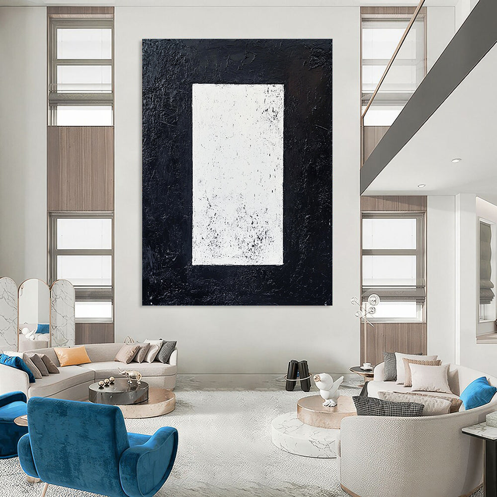 Contemporary hand-painted abstract art featuring a white rectangle on a textured black background creating a striking minimalist monochrome effect. DLZ1520