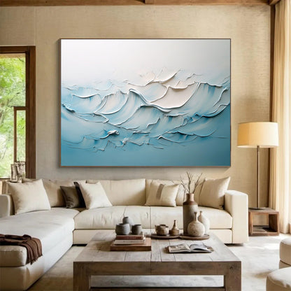 “Soft Wave Relief” - Blue, White, Textured Ocean Waves Painting On Canvas HB0730