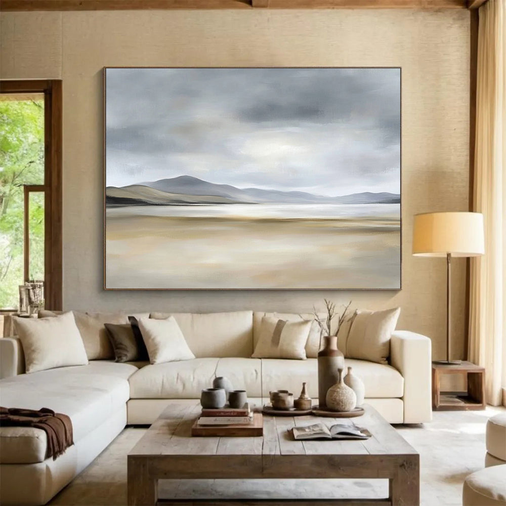 “Misty Coastal Landscape” - Gray, Beige, Minimalist Coastal Painting On Canvas HB0699