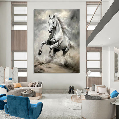 Contemporary hand-painted abstract art featuring a silver horse galloping across vast grassland with exquisite details and vibrant colors illuminated by sunlight. DLZ1660