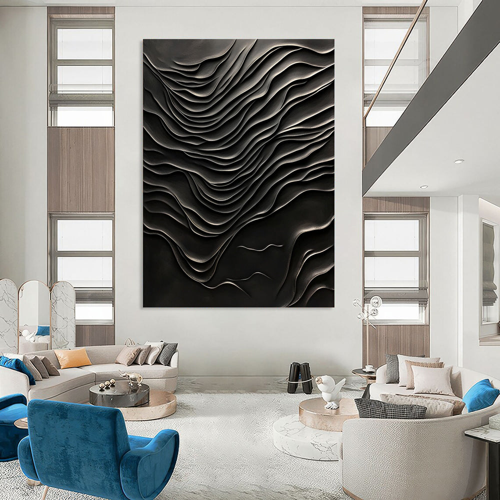 Contemporary hand-painted abstract artwork featuring a dark textured wall with wave-like patterns, evoking deep emotions and hidden depths. DLZ1240