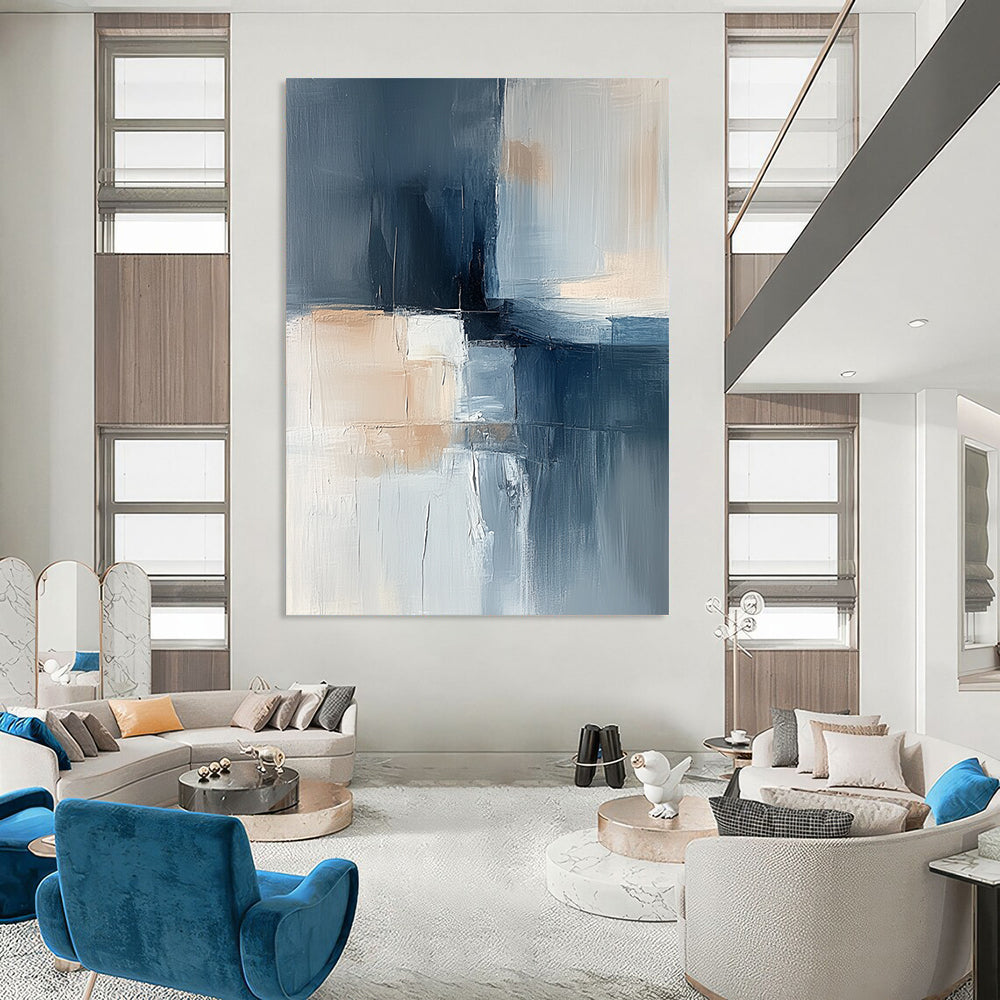 Contemporary hand-painted abstract artwork featuring soft blue gray and beige tones with layered shapes and a central dark element exuding calmness and minimalism. DLZ1052