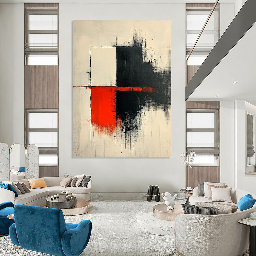 Contemporary hand-painted abstract art features thick dark gray brushstrokes with red accents on a white background showcasing elegant shapes and lines. DLZ1638