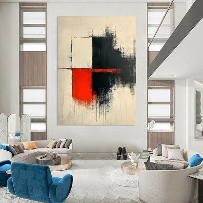 Contemporary hand-painted abstract art features thick dark gray brushstrokes with red accents on a white background showcasing elegant shapes and lines. DLZ1638